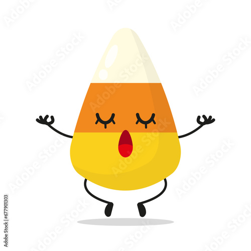 Cute relax corn candy character. Funny yoga sweet cartoon emoticon in flat style. rice, cooker meditation vector illustration