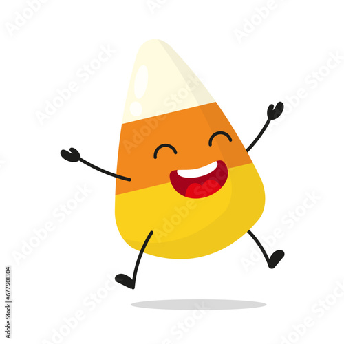 Cute happy corn candy character. Funny victory jump celebration sweet cartoon emoticon in flat style. closet vector illustration
