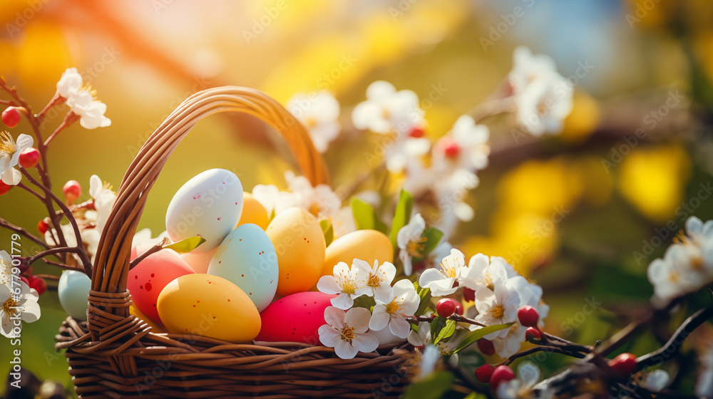 Springtime Celebration: Colorful Easter Eggs Nestled in a Basket Amidst Blossoming Garden Flowers Springtime Celebration: Colorful Easter Eggs Nestled in a Basket Amidst Blossoming Garden Flowers