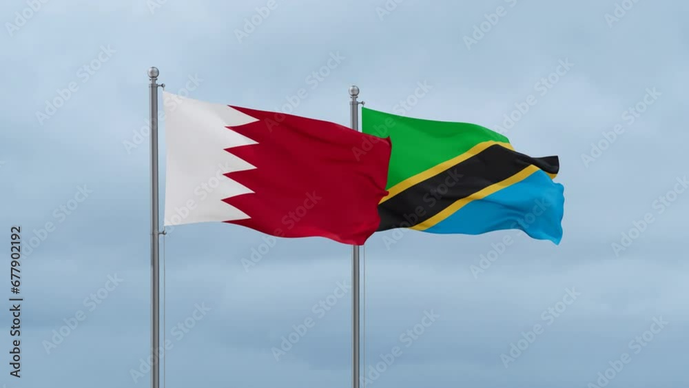 Tanzania and Bahrain flag waving together on cloudy sky, endless seamless loop, two country cooperation concept Tanzania and Bahrain flag waving together on cloudy sky, endless seamless loop, two country cooperation concept