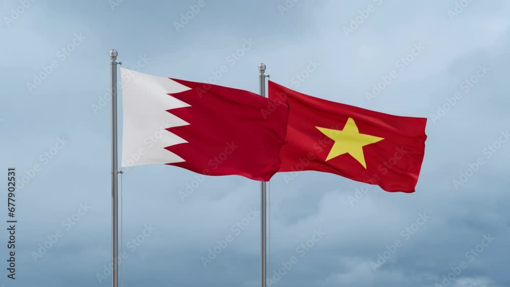 Vietnam and Bahrain flag waving together on cloudy sky, endless seamless loop