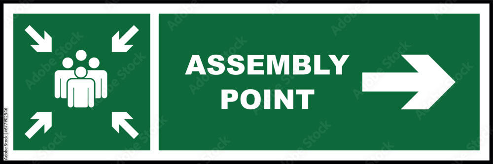 Emergency evacuation assembly point sign with right direction arrow, gathering point signboard, vector illustration. Emergency evacuation assembly point sign with right direction arrow, gathering point signboard, vector illustration.
