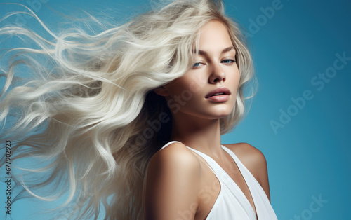 Model woman with long wavy blonde hair, studio background