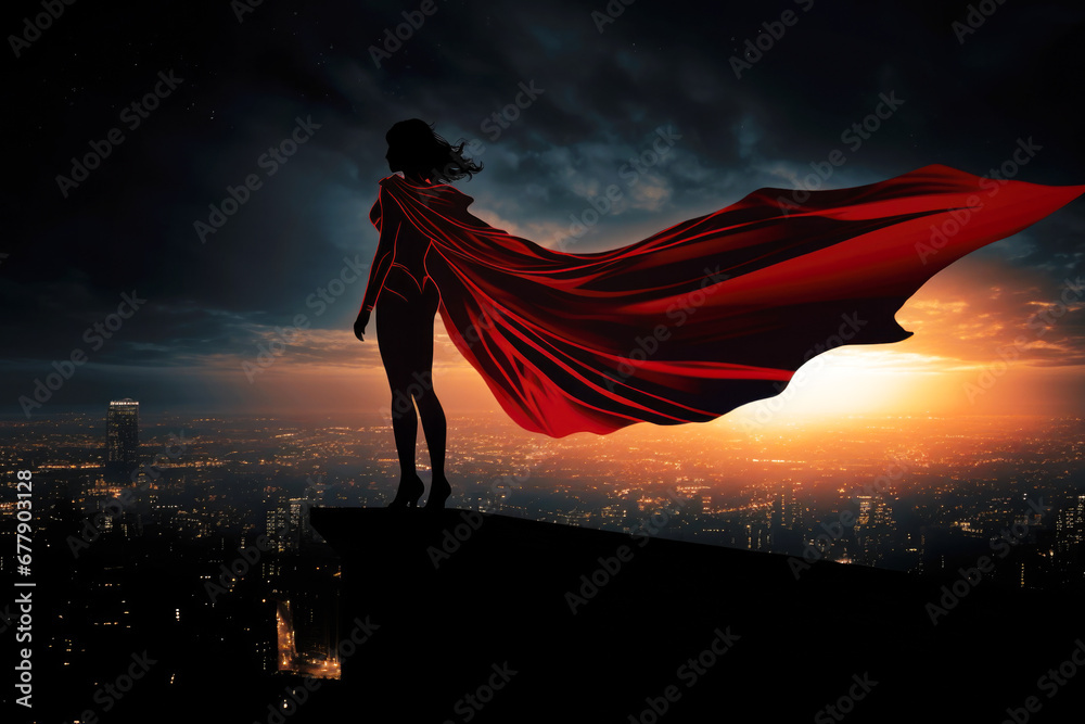 Superwoman Superhero in Red Cape Over City During Sunset Superwoman Superhero in Red Cape Over City During Sunset