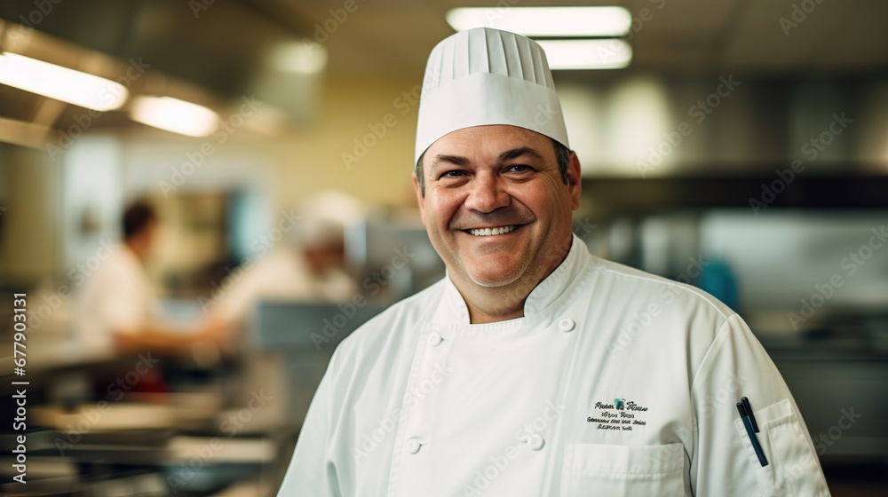 Portrait of male chef in restaurant in white uniform looking at camera