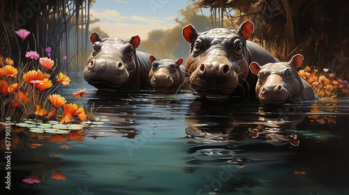 Nilpferde im Wasser, 3d Render. Digitale Illustration. © NHDesign