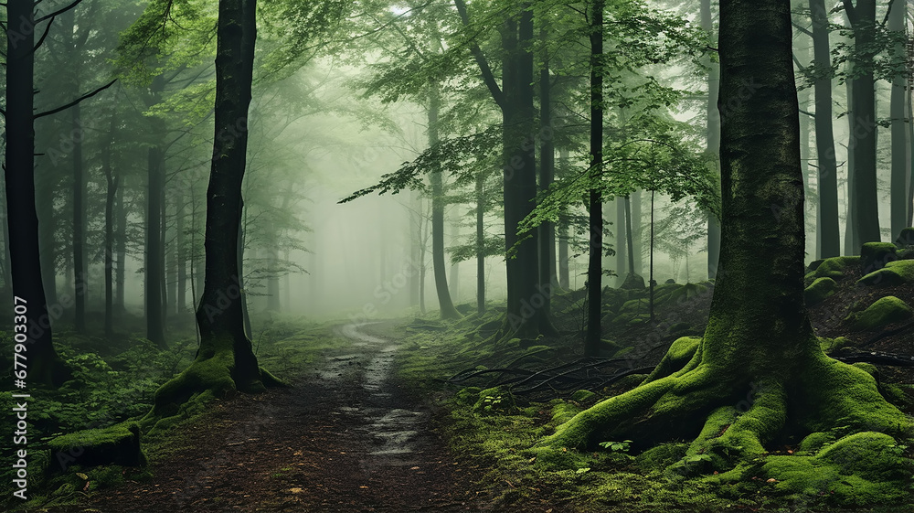 misty landscape in a fresh green spring forest,  trunks of green trees in the mist of the forest morning coolness