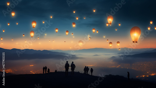festival of Chinese burning lanterns in the night sky  silhouettes of people on the background of the holiday