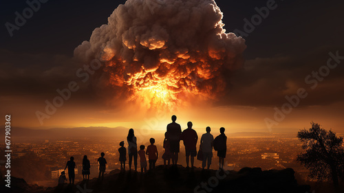 silhouettes of a group of people against the background of a nuclear explosion on the horizon  abstract fictional graphics  apocalypse threat of destruction concept