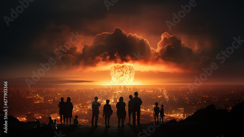 silhouettes of a group of people against the background of a nuclear explosion on the horizon, abstract fictional graphics, apocalypse threat of destruction concept