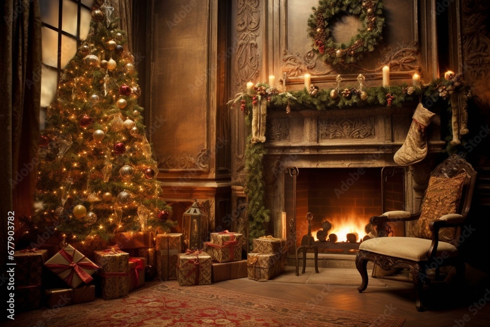 Festive tree, presents, star and fireplace create warm home ambiance. Generative AI