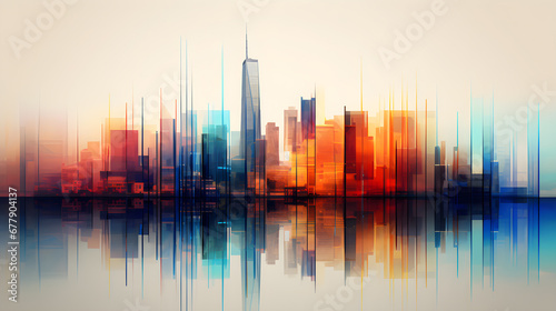 colored abstract city skyline with reflection - modern digital painting - generative AI photo