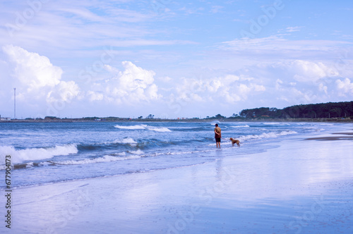 Seaside Contemplation: A man and his loyal companion, captivated by the horizon's allure on a tranquil beach.