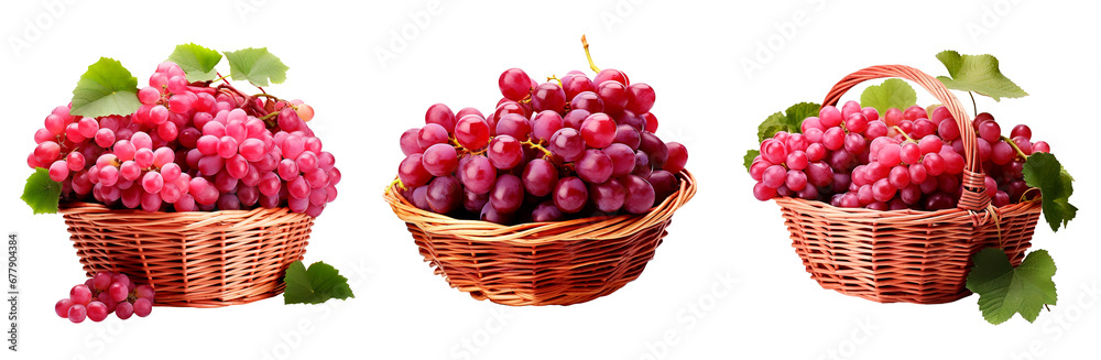 Three wicker basket full of delicious organic grapes on isolated transparent background Three wicker basket full of delicious organic grapes on isolated transparent background