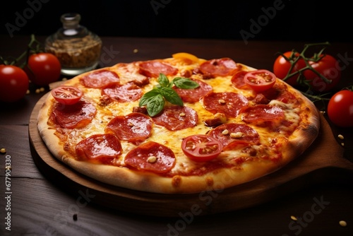 Delicious pizza with pepperoni and tasty tomato sauce. Generative AI