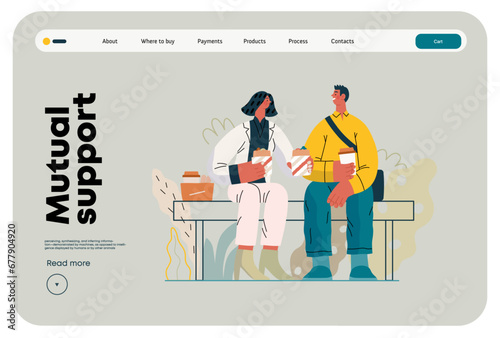 Mutual Support: Share food -modern flat vector concept illustration of woman offering half of her lunch to colleague in the park. A metaphor of voluntary, collaborative exchanges of resource, services