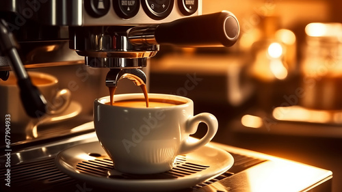 Close up of espresso coffee by using coffee machine.