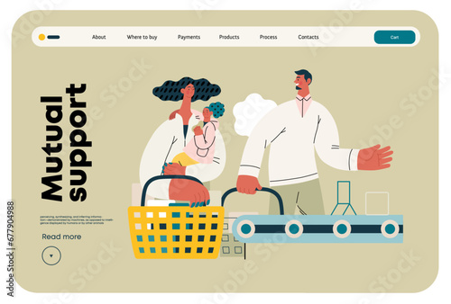 Mutual Support: Skip ahead in line -modern flat vector concept illustration of man letting woman with child go ahead in shop checkout line A metaphor of voluntary, collaborative exchanges of services