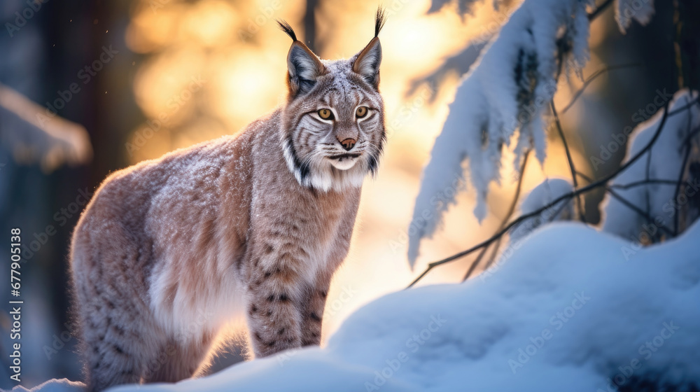 Obraz premium A Rare Lynx Is In The Snow-Covered Forest, Background For Banner, HD