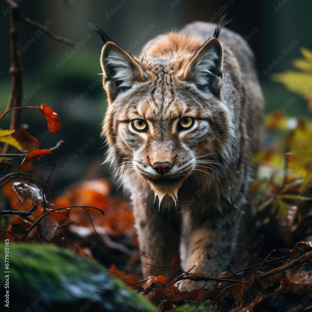 Obraz premium A Rare Lynx Is Prowling Through A Dense Forest, Background For Banner, HD