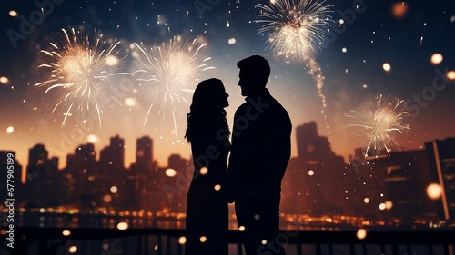 the silhouette of a couple in love against the background of a night fireworks in the sky above the city, a panoramic view of sparklers in the sky, the newlyweds copy space