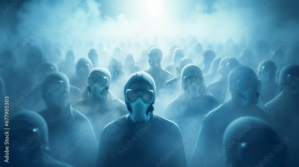 crowd of abstract silhouettes of people in medical masks, social issue, grim horror zombie apocalypse background - obrazy, fototapety, plakaty 