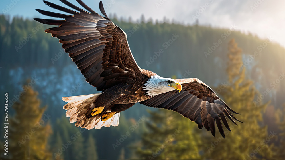 A Regal Eagle Is Soaring Above The Forest, Background For Banner, HD A Regal Eagle Is Soaring Above The Forest, Background For Banner, HD