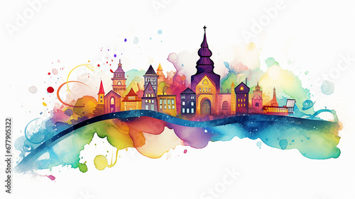 multicolored abstract city, watercolor illustration ink and spots of all colors of the rainbow isolated on a white background, composition of a row of houses