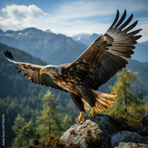 A Regal Eagle Is Soaring Above A Forest-Covered Mount , Background For Banner, HD