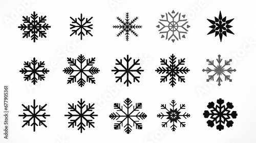 collection of snowflakes isolated on a white background, flat minimalism graphics, set of winter patterns