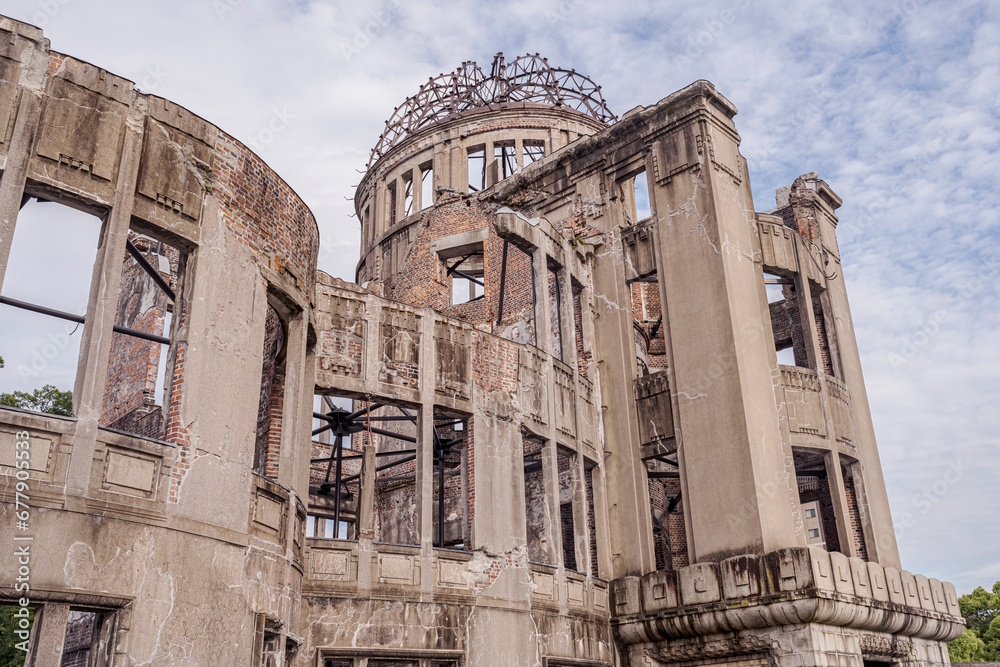 Ruins of the Atomic Bomb Dome in Hiroshima, Japan.
Damage to building with dome remaining in Hiroshima, Japan.
