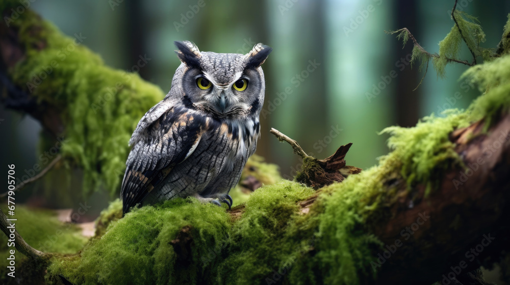 A Watchful Owl Is Perched On A Lichen-Covered Branch , Background For Banner, HD A Watchful Owl Is Perched On A Lichen-Covered Branch , Background For Banner, HD