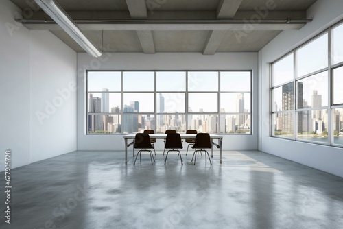 Front view of unoccupied conference room with desk  chairs  city view window  white walls  and concrete floor. Generative AI