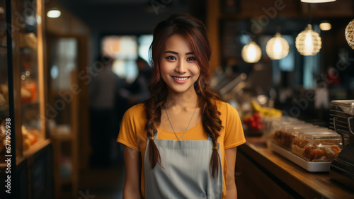 Asian barista with tablet at cafe entrance.
