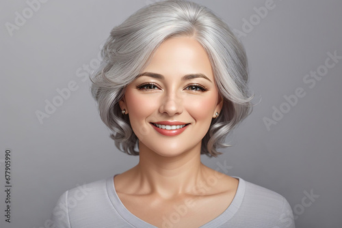 Adult woman with smooth healthy face skin. Beautiful aging mature woman with gray hair and happy smiling touch face. Beauty and cosmetics skincare advertising concep