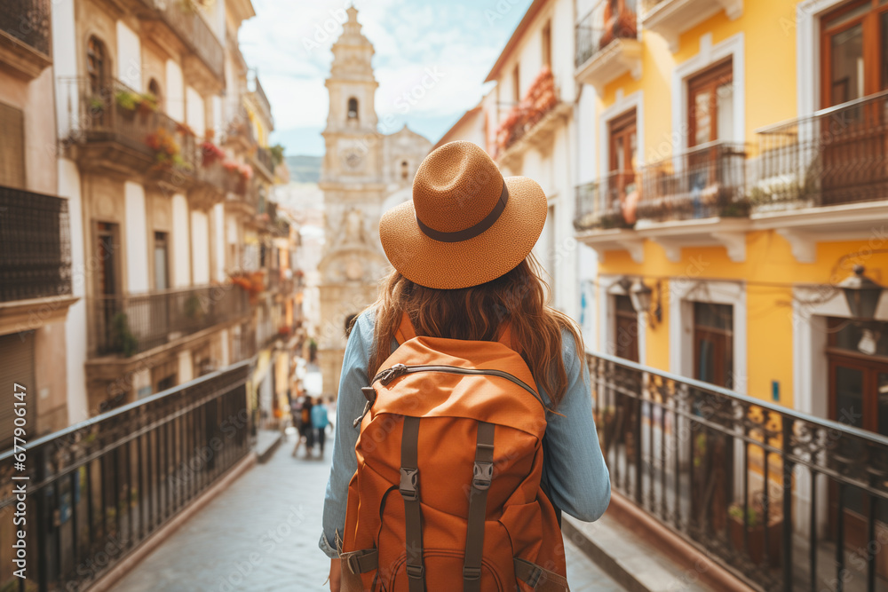 Traveler girl in street of old town in Spain. Young backpacker tourist in solo travel. Vacation, holiday, trip