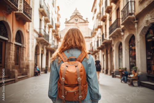 Fototapeta Naklejka Na Ścianę i Meble -  Traveler girl in street of old town in Spain. Young backpacker tourist in solo travel. Vacation, holiday, trip