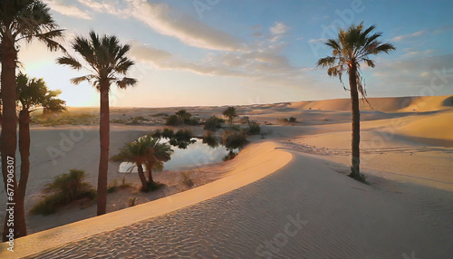 A desert oasis in the evening  with the setting sun casting long shadows on the palm trees  providing a peaceful retreat in the arid landscape.