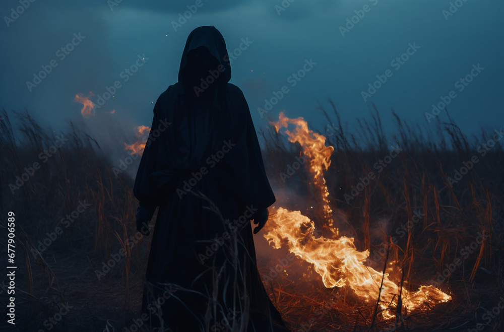 Silhouette of a man in a robe standing in the middle of a burning field Silhouette of a man in a robe standing in the middle of a burning field