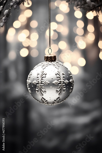 Silver christmas ball hanging on fir tree branch with bokeh background