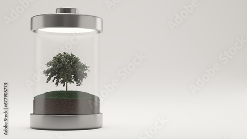 3d rendering of transparent battery with tree, soil and grass inside, on a white background. 