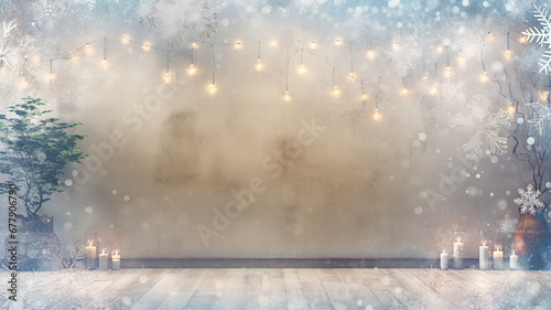 christmas background, empty blank wall decorated with glowing bulbs, snowfall, blurred abstract background