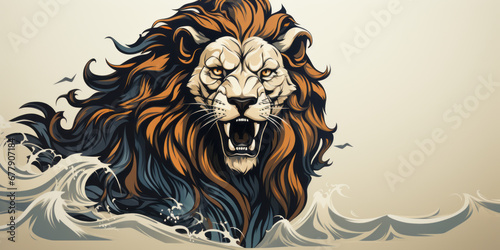 Flat lion graphic leaping forward on white.