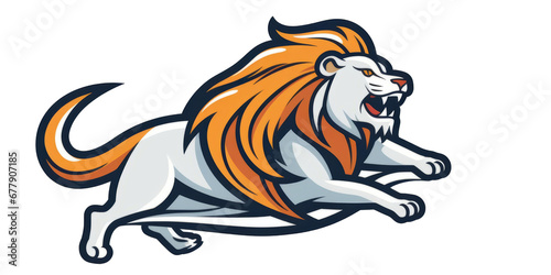 Flat lion graphic leaping forward on transparent background.