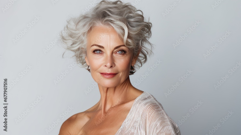 Studio shoot of a caucasian aging older model with gray hair on grey background. Close up beautiful mature woman with wrinkle healthy face skin. Senior lady natural beauty treatment anti aging concept