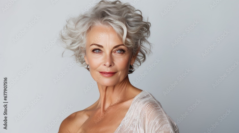 Studio shoot of a caucasian aging older model with gray hair on grey background. Close up beautiful mature woman with wrinkle healthy face skin. Senior lady natural beauty treatment anti aging concept Studio shoot of a caucasian aging older model with gray hair on grey background. Close up beautiful mature woman with wrinkle healthy face skin. Senior lady natural beauty treatment anti aging concept