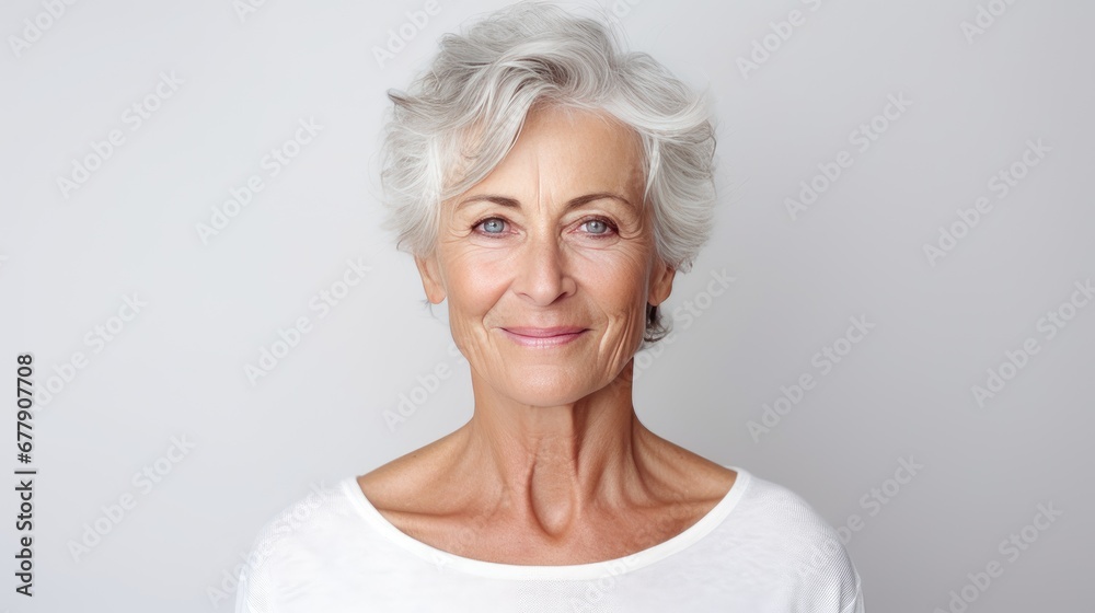 Studio shoot of a caucasian aging older model with gray hair on grey background. Close up beautiful mature woman with wrinkle healthy face skin. Senior lady natural beauty treatment anti aging concept