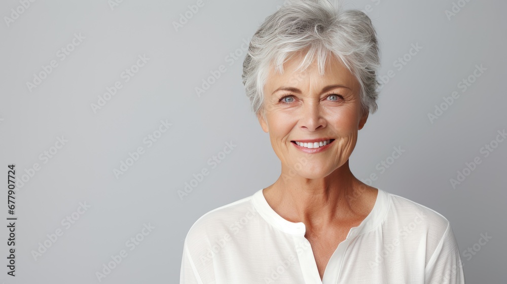 Studio shoot of a caucasian aging older model with gray hair on grey background. Close up beautiful mature woman with wrinkle healthy face skin. Senior lady natural beauty treatment anti aging concept Studio shoot of a caucasian aging older model with gray hair on grey background. Close up beautiful mature woman with wrinkle healthy face skin. Senior lady natural beauty treatment anti aging concept