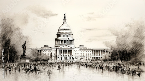 Sketch of the American Capitol with pedestrians in the late 1800s photo