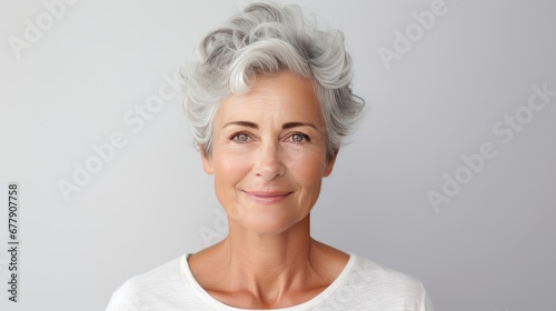 Studio shoot of a caucasian aging older model with gray hair on grey background. Close up beautiful mature woman with wrinkle healthy face skin. Senior lady natural beauty treatment anti aging concept